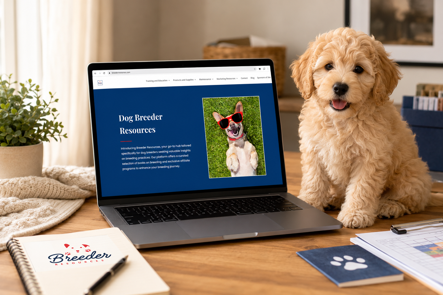 Breeder website displayed on a laptop beside a puppy in a warm studio workspace