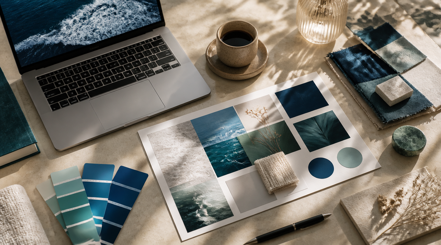Premium branding studio workspace with laptop, color swatches, and ocean blue tones